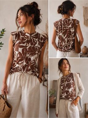 RW&CO Cotton Brown Tropical Print Cap Sleeve Top | Size M Botanical Boho